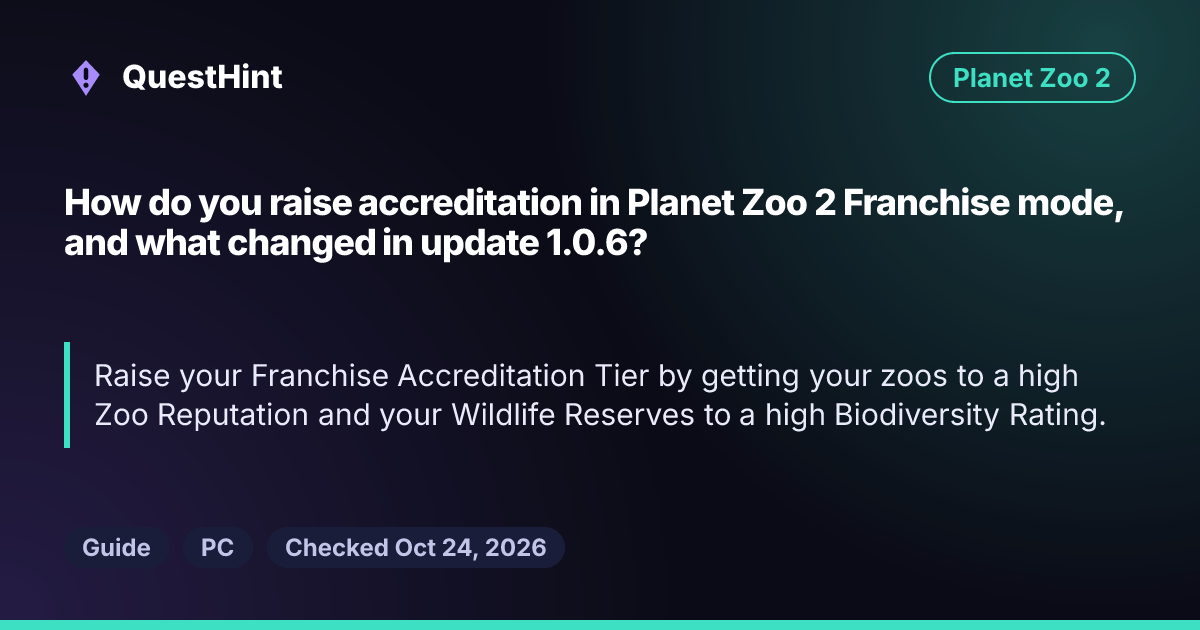 Summary card: How do you raise accreditation in Planet Zoo 2 Franchise mode, and what changed in update 1.0.6? Raise your Franchise Accreditation Tier by getting your zoos to a high Zoo Reputation and your Wildlife Reserves to a high Biodiversity Rating.